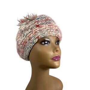 Hand-Knitted Multicolor Pink Wool Blend Beanie w/ Pom PomStretch Fit Womens OS